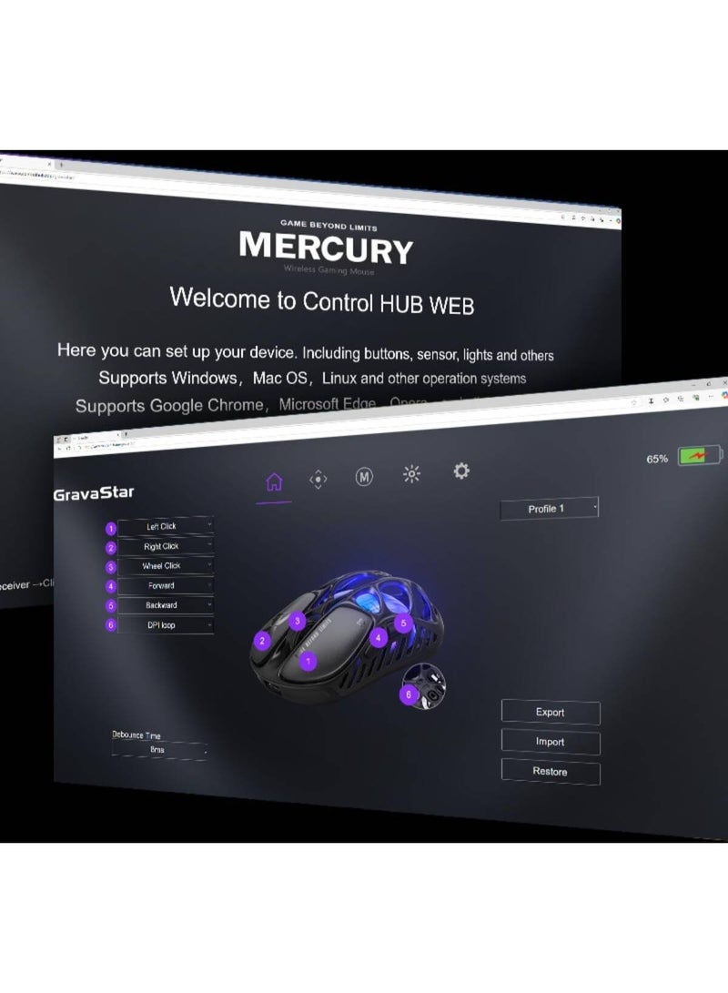 Gravastar ماوس الألعاب اللاسلكي GravaStar Mercury X، 32,000 DPI مستشعر PAW 3950، معدل استقصاء 1000Hz، 49g، إطار مجوف من سبائك المغنيسيوم، إضاءة RGB، 5 أزرار قابلة للبرمجة، فضي بين النجوم | Mercury X - Image 4